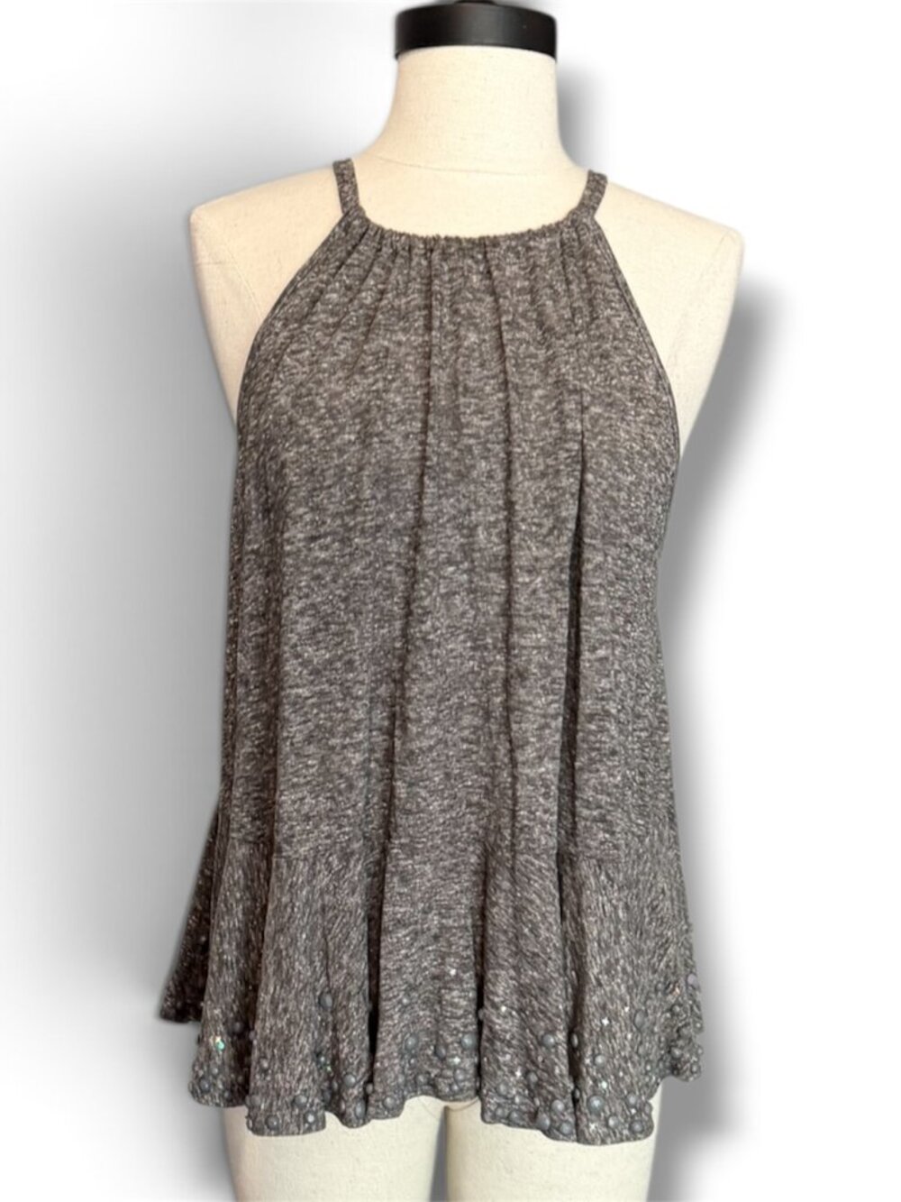Upcycled Old Navy Linen Gray Sequin Beaded Peplum Halter Swing Top